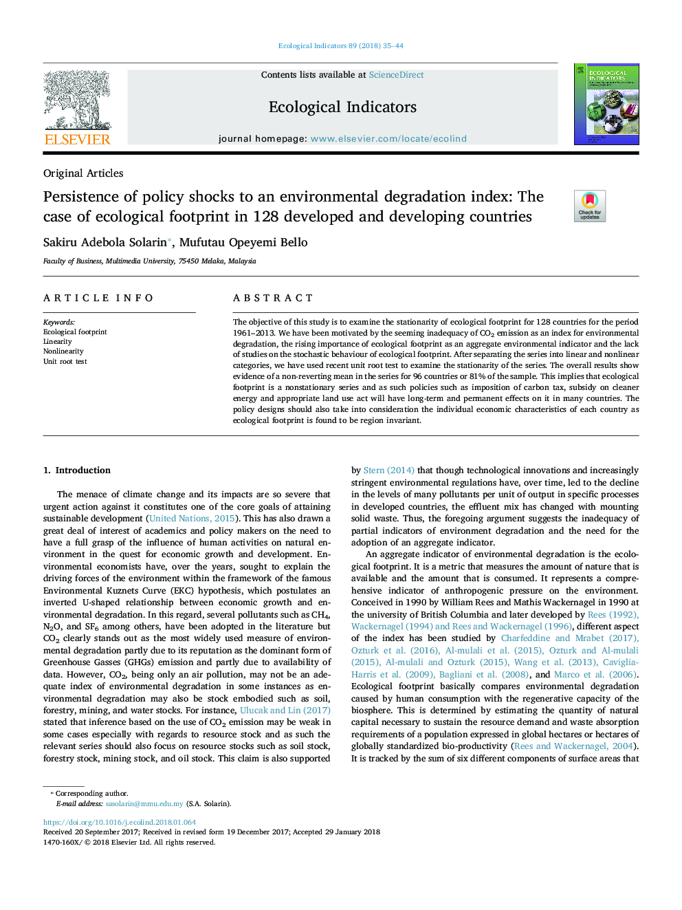 Persistence of policy shocks to an environmental degradation index: The case of ecological footprint in 128 developed and developing countries