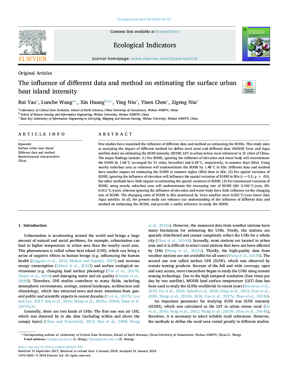 The influence of different data and method on estimating the surface urban heat island intensity