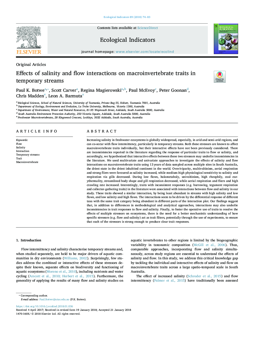 Effects of salinity and flow interactions on macroinvertebrate traits in temporary streams