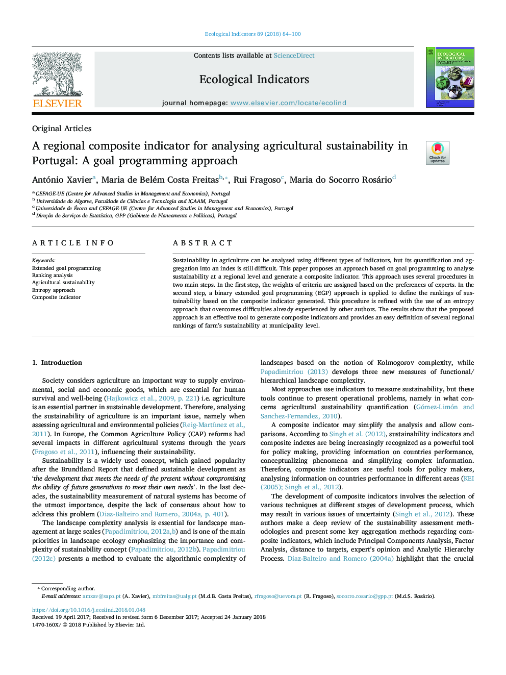 A regional composite indicator for analysing agricultural sustainability in Portugal: A goal programming approach