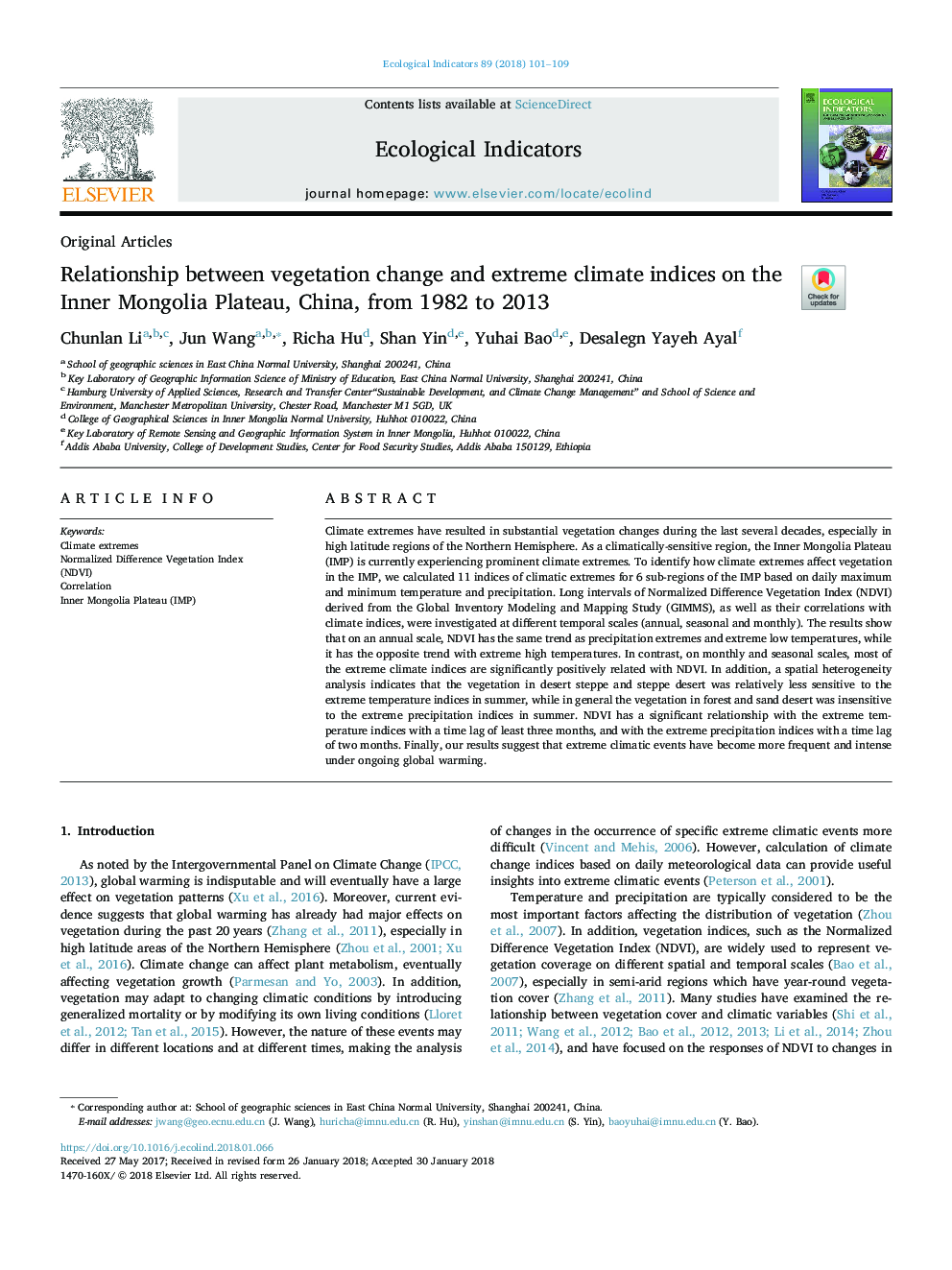 Relationship between vegetation change and extreme climate indices on the Inner Mongolia Plateau, China, from 1982 to 2013