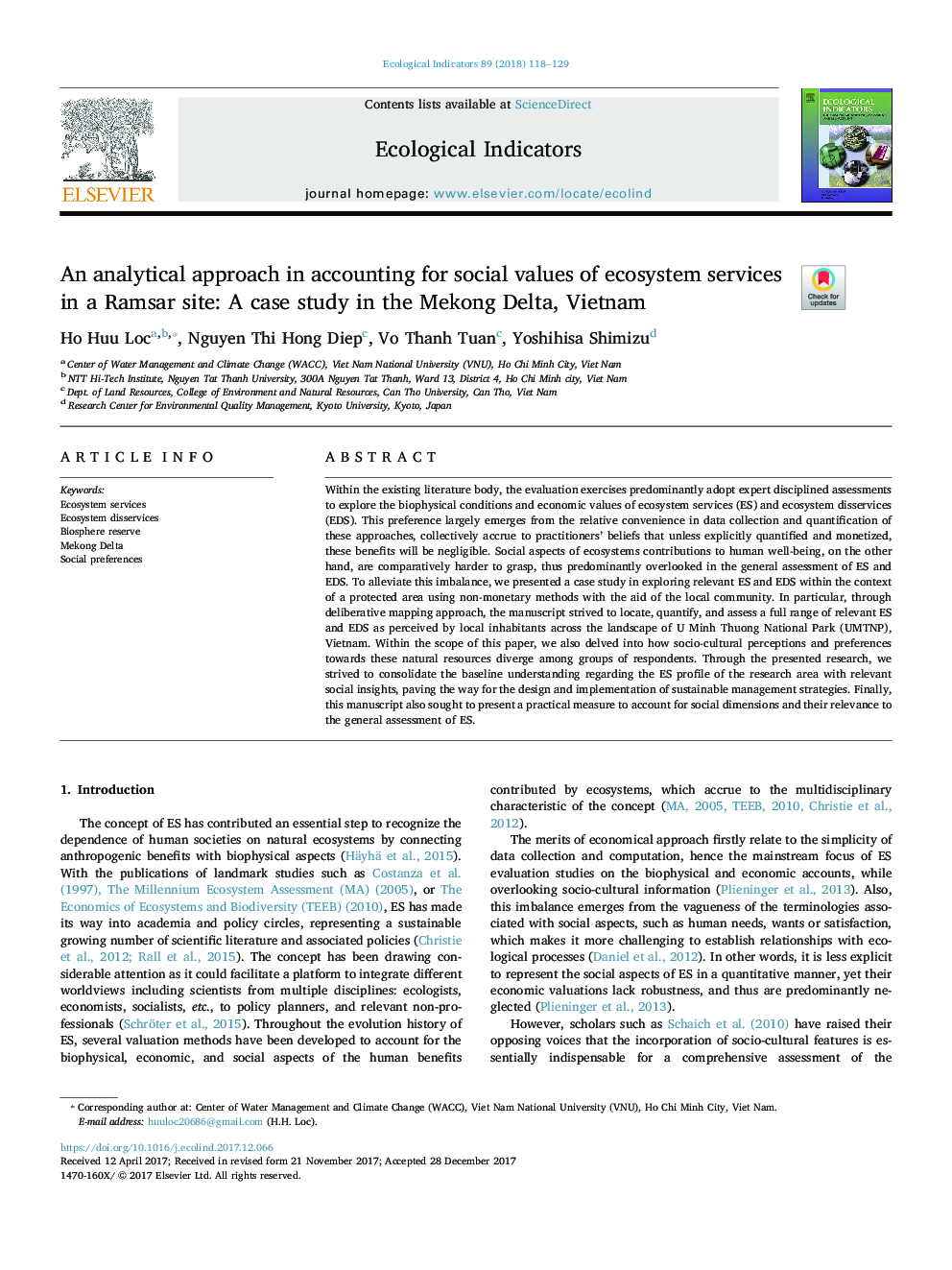 An analytical approach in accounting for social values of ecosystem services in a Ramsar site: A case study in the Mekong Delta, Vietnam