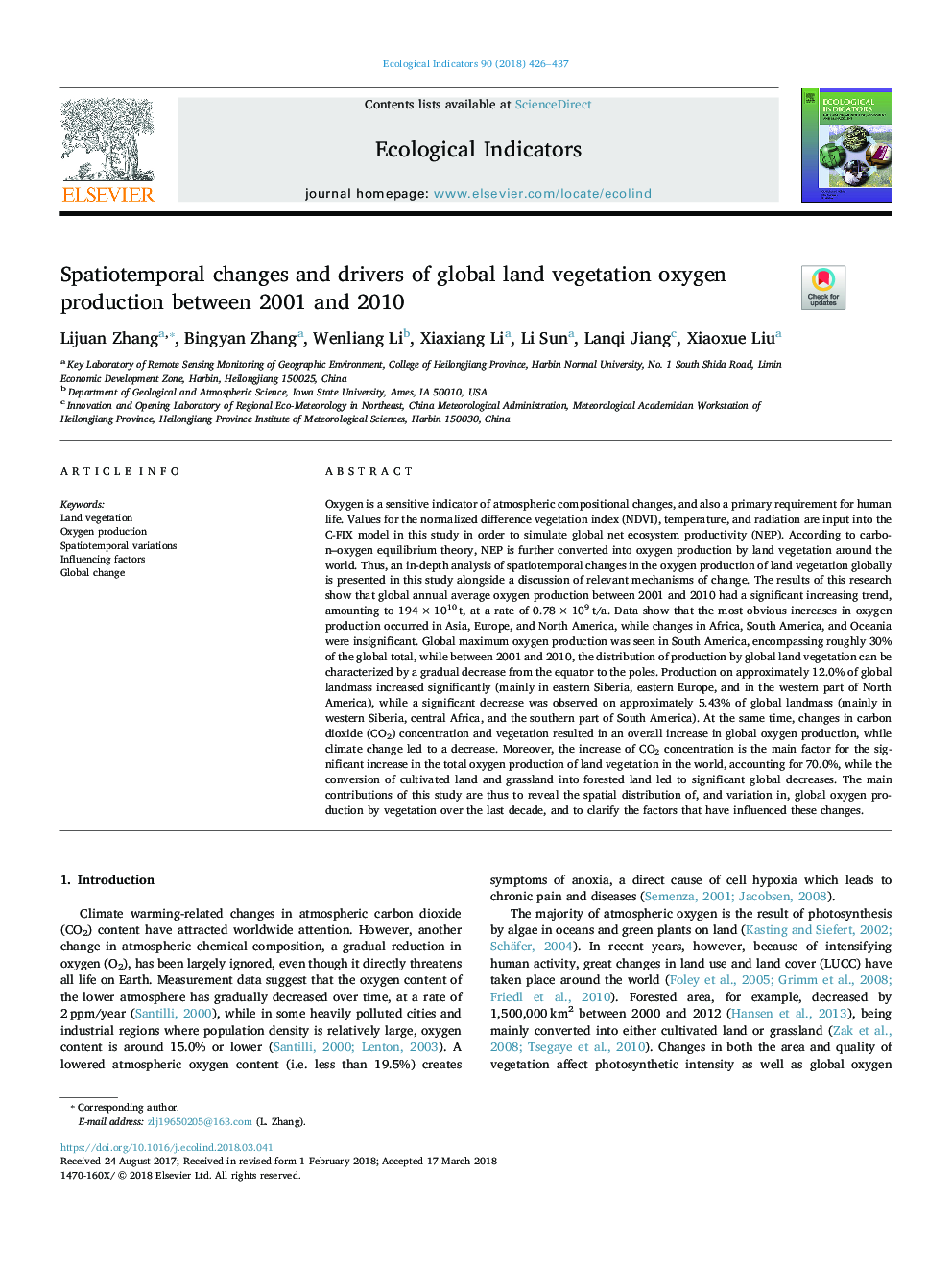 Spatiotemporal changes and drivers of global land vegetation oxygen production between 2001 and 2010