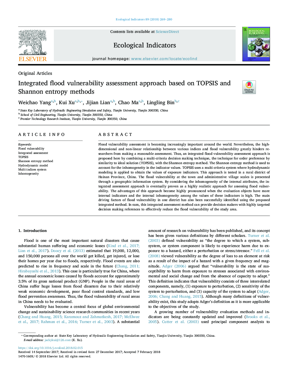 Integrated flood vulnerability assessment approach based on TOPSIS and Shannon entropy methods