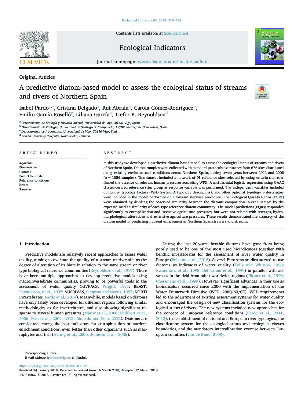 A predictive diatom-based model to assess the ecological status of streams and rivers of Northern Spain