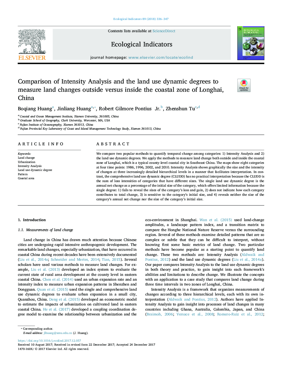 Comparison of Intensity Analysis and the land use dynamic degrees to measure land changes outside versus inside the coastal zone of Longhai, China