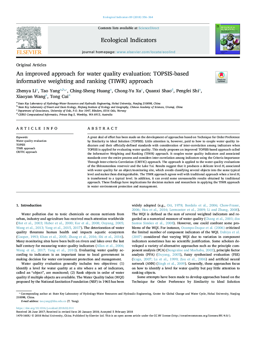 An improved approach for water quality evaluation: TOPSIS-based informative weighting and ranking (TIWR) approach