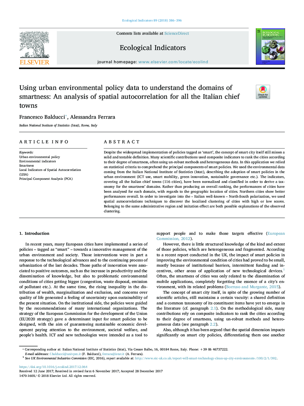 Using urban environmental policy data to understand the domains of smartness: An analysis of spatial autocorrelation for all the Italian chief towns