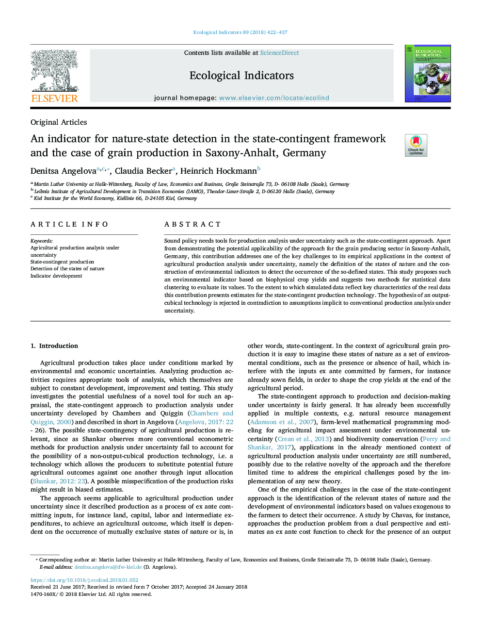 An indicator for nature-state detection in the state-contingent framework and the case of grain production in Saxony-Anhalt, Germany