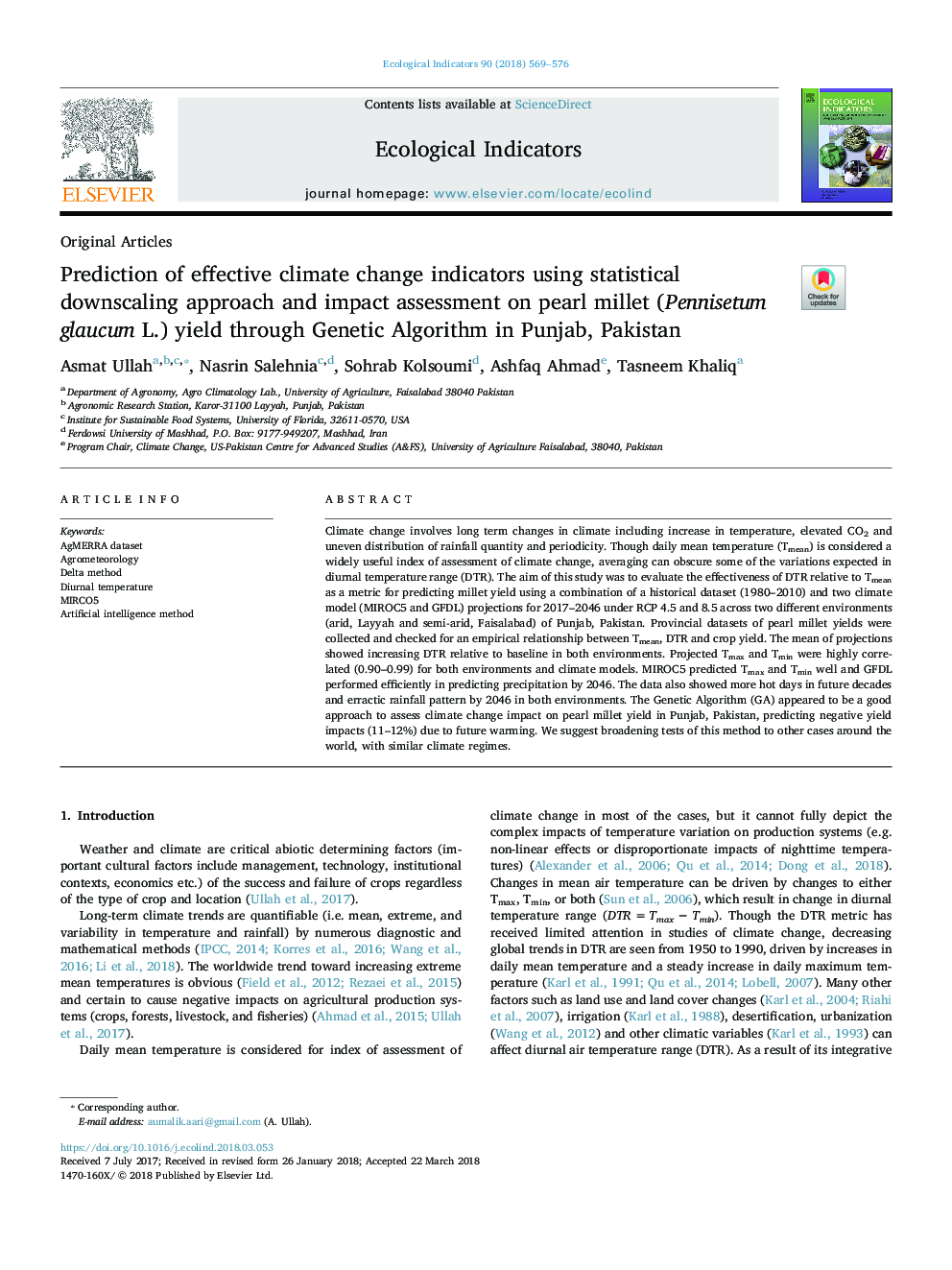 Prediction of effective climate change indicators using statistical downscaling approach and impact assessment on pearl millet (Pennisetum glaucum L.) yield through Genetic Algorithm in Punjab, Pakistan