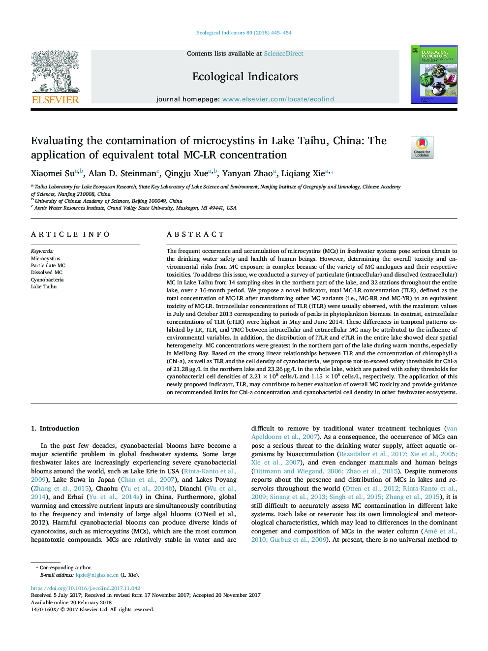 Evaluating the contamination of microcystins in Lake Taihu, China: The application of equivalent total MC-LR concentration