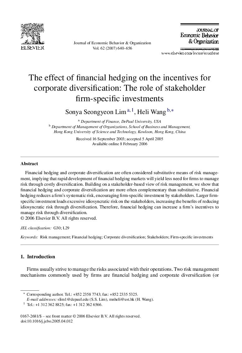 The effect of financial hedging on the incentives for corporate diversification: The role of stakeholder firm-specific investments