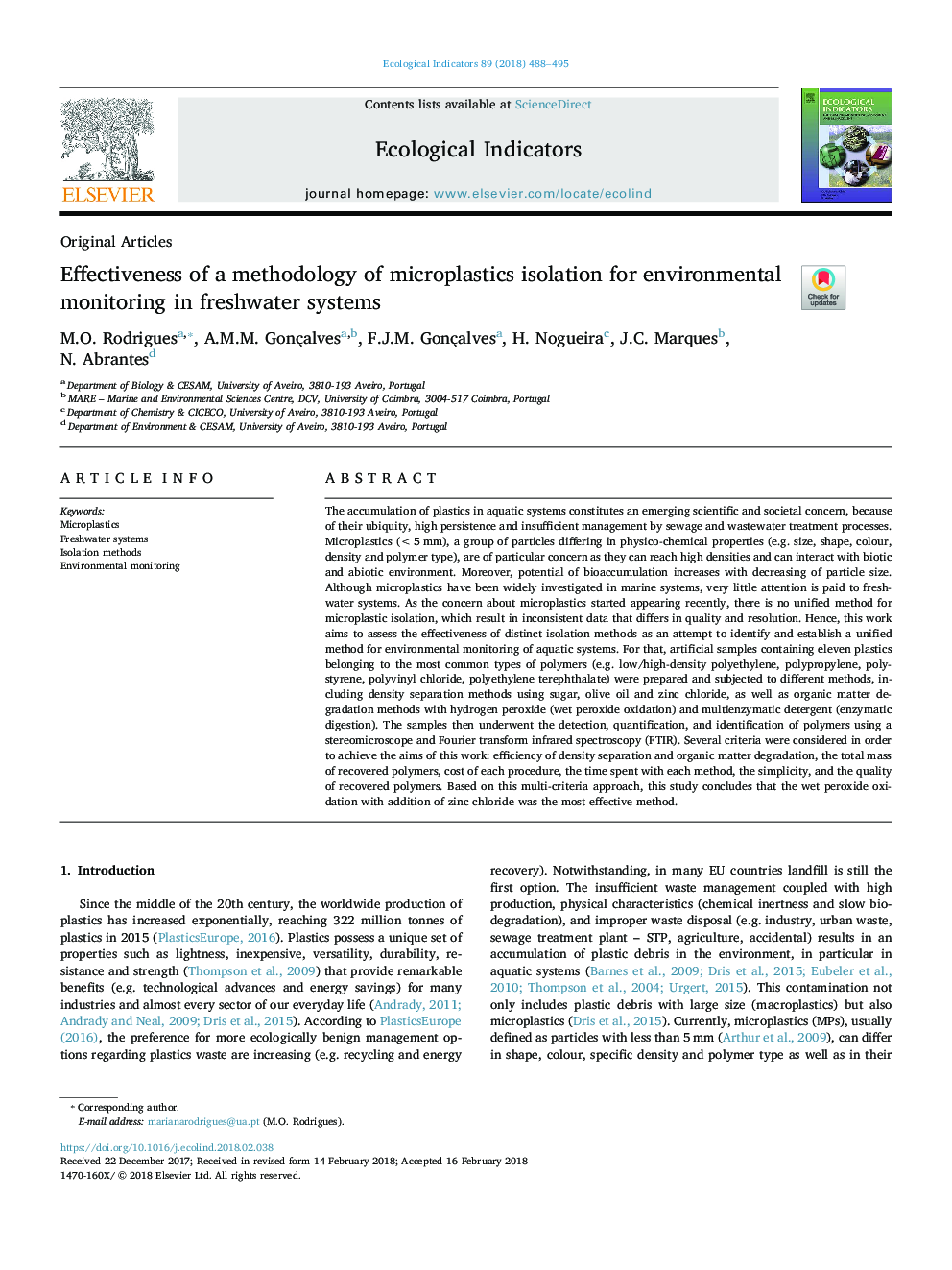 Effectiveness of a methodology of microplastics isolation for environmental monitoring in freshwater systems