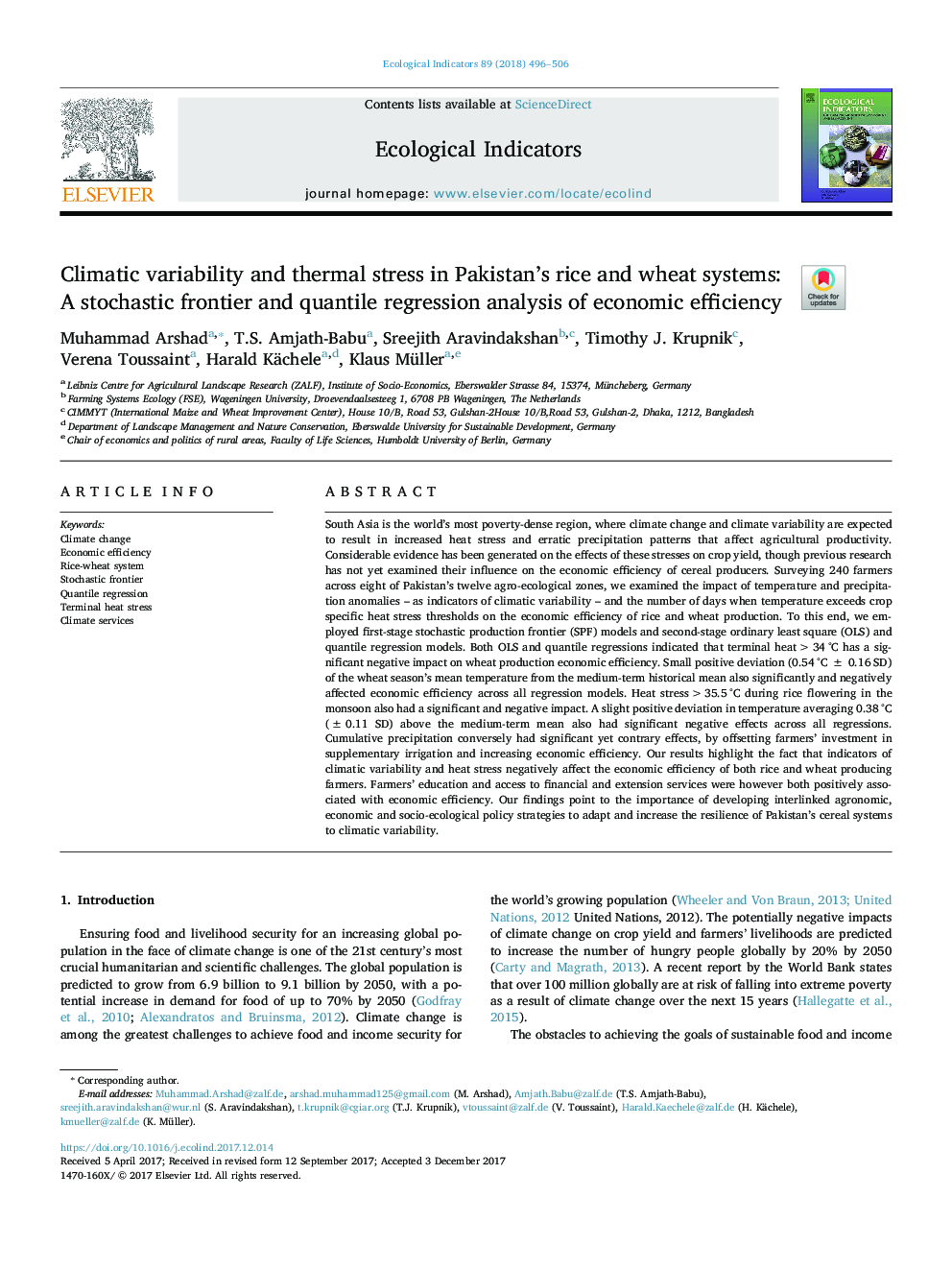 Climatic variability and thermal stress in Pakistan's rice and wheat systems: A stochastic frontier and quantile regression analysis of economic efficiency