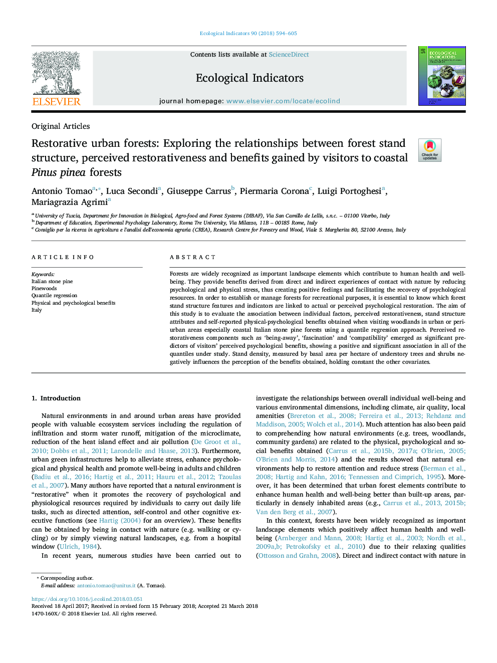 Restorative urban forests: Exploring the relationships between forest stand structure, perceived restorativeness and benefits gained by visitors to coastal Pinus pinea forests