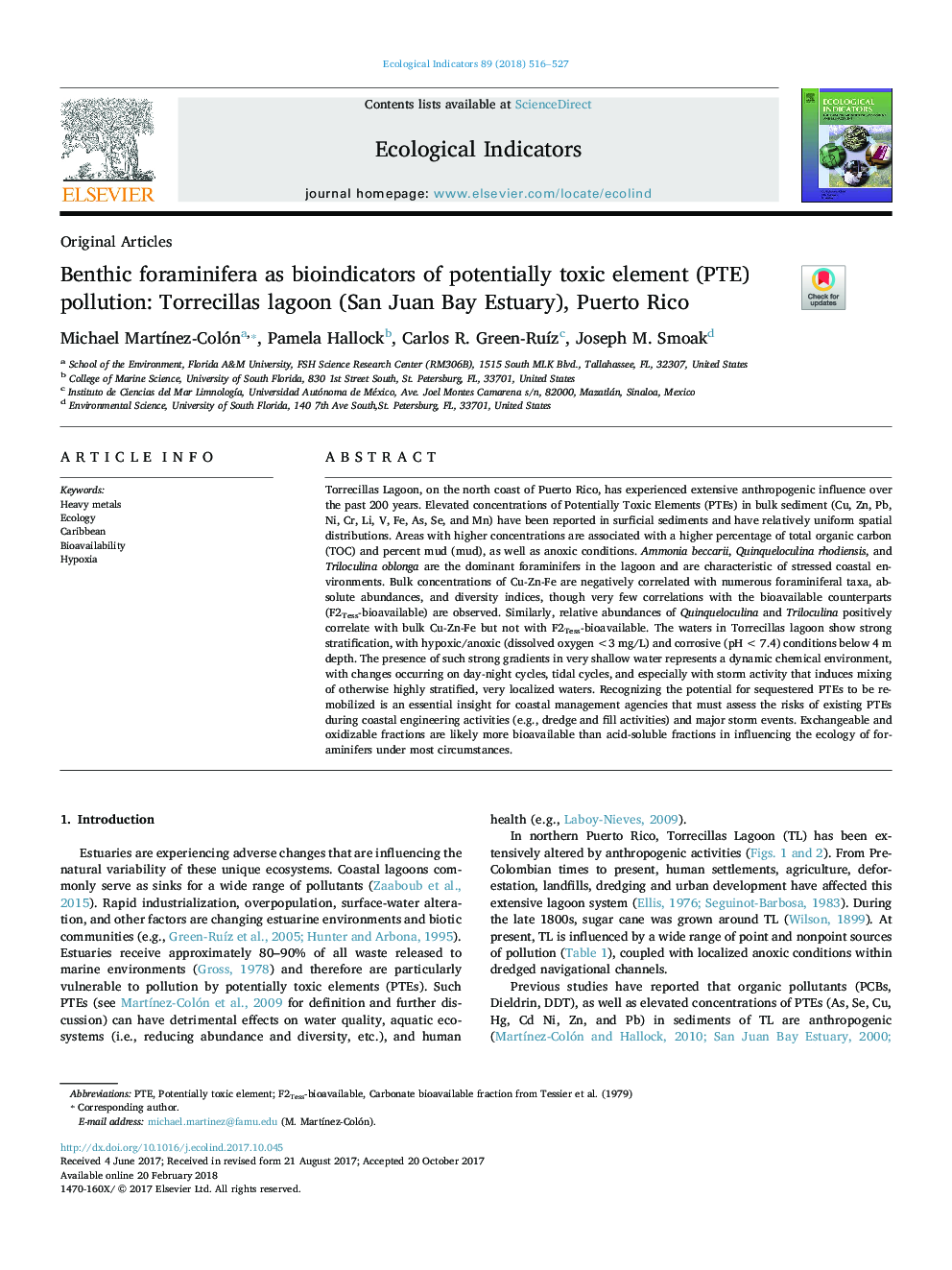 Benthic foraminifera as bioindicators of potentially toxic element (PTE) pollution: Torrecillas lagoon (San Juan Bay Estuary), Puerto Rico