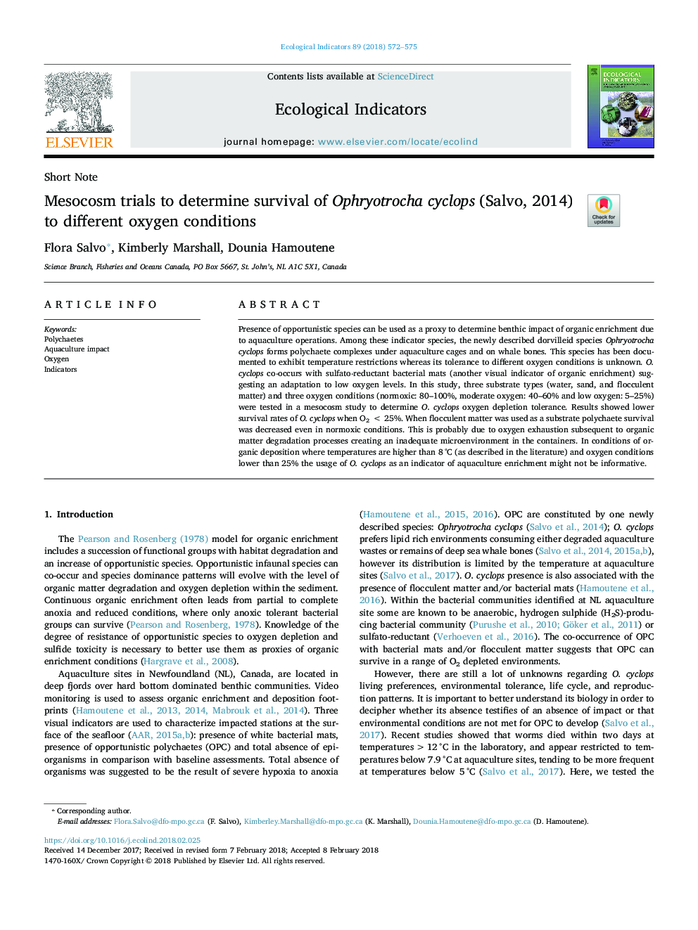 Mesocosm trials to determine survival of Ophryotrocha cyclops (Salvo, 2014) to different oxygen conditions