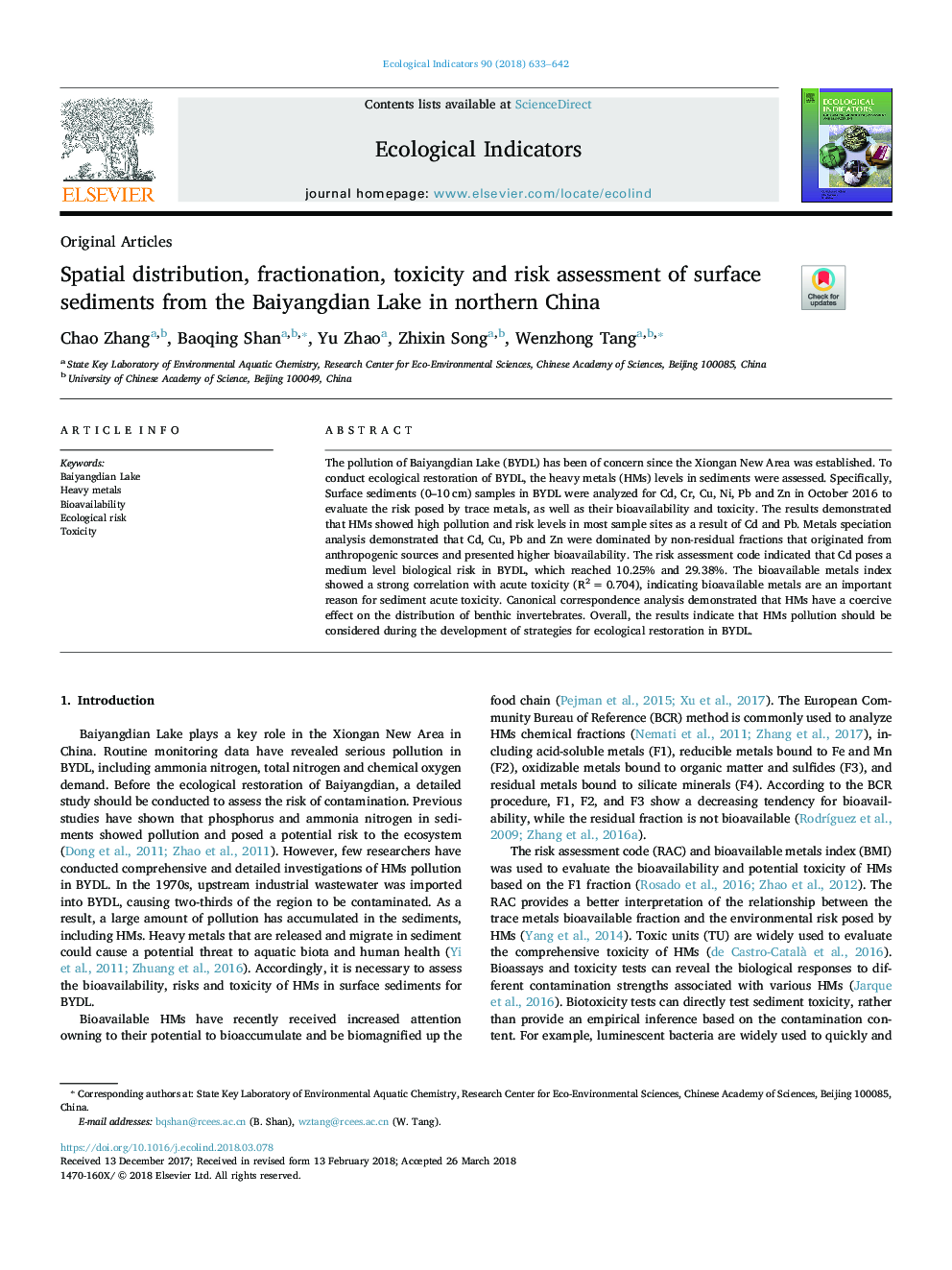 Spatial distribution, fractionation, toxicity and risk assessment of surface sediments from the Baiyangdian Lake in northern China