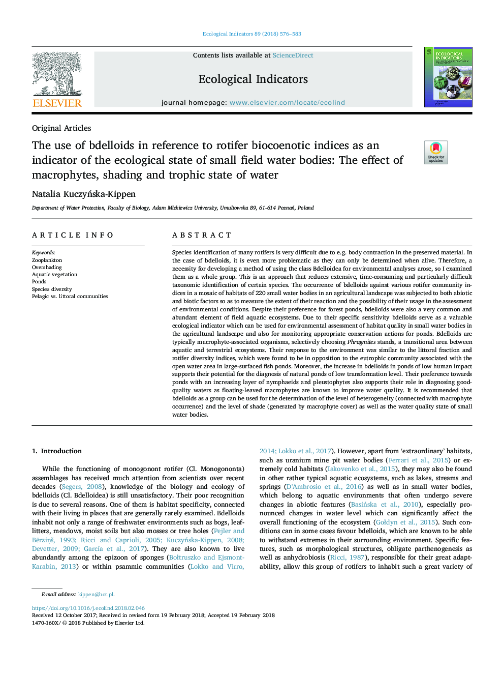 The use of bdelloids in reference to rotifer biocoenotic indices as an indicator of the ecological state of small field water bodies: The effect of macrophytes, shading and trophic state of water