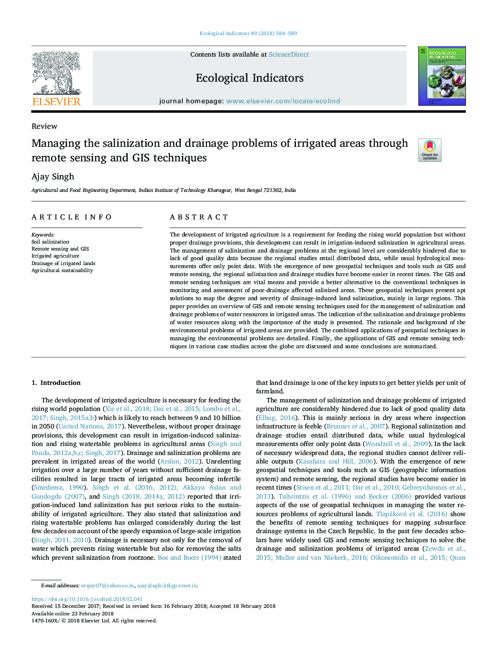 Managing the salinization and drainage problems of irrigated areas through remote sensing and GIS techniques