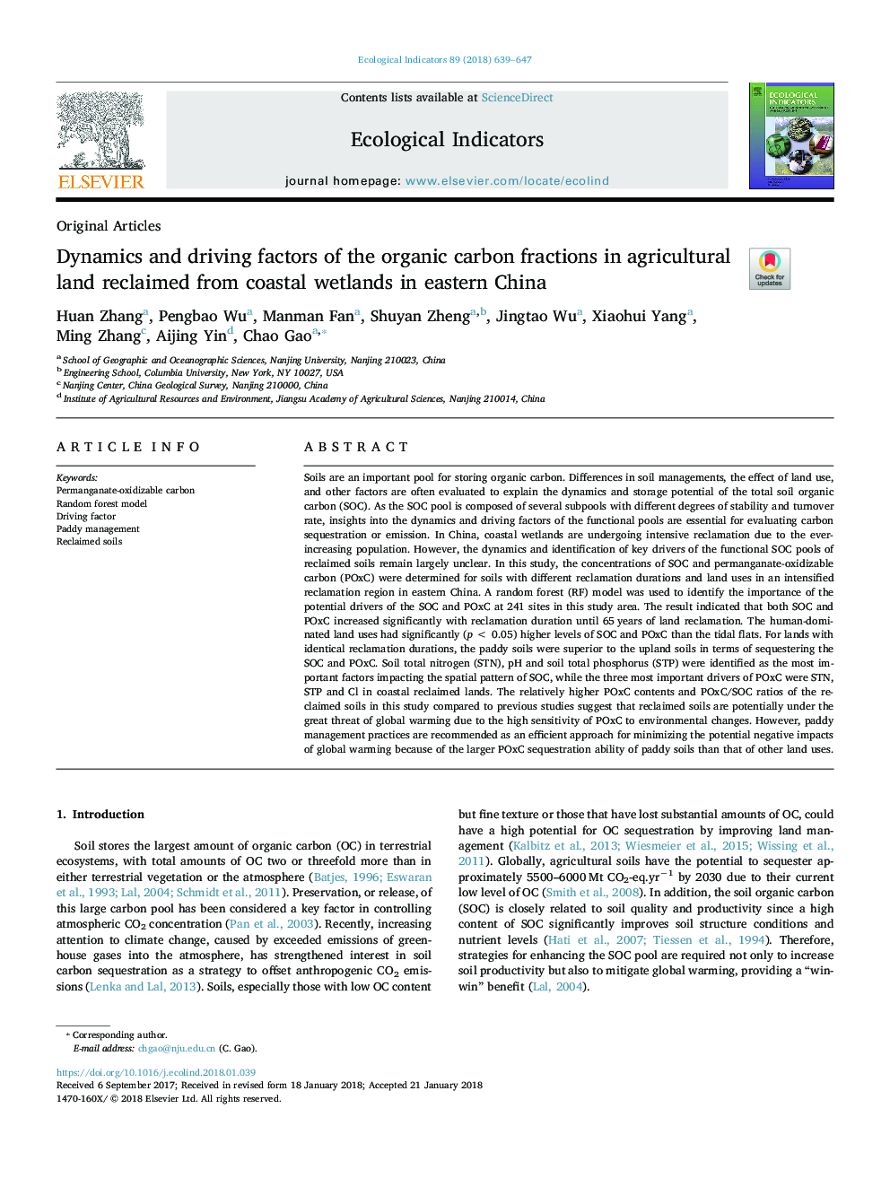 Dynamics and driving factors of the organic carbon fractions in agricultural land reclaimed from coastal wetlands in eastern China