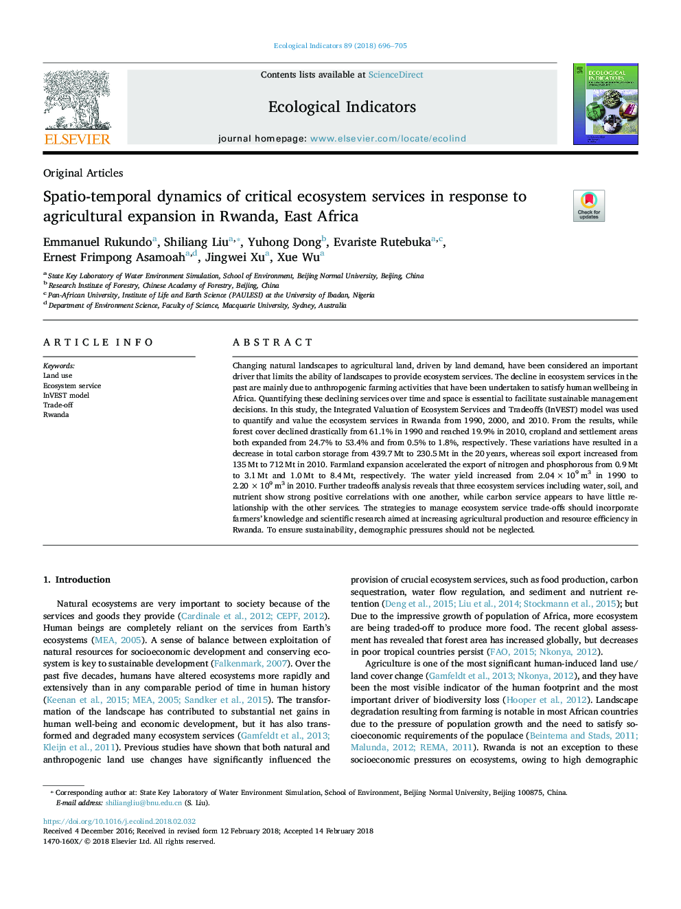 Spatio-temporal dynamics of critical ecosystem services in response to agricultural expansion in Rwanda, East Africa