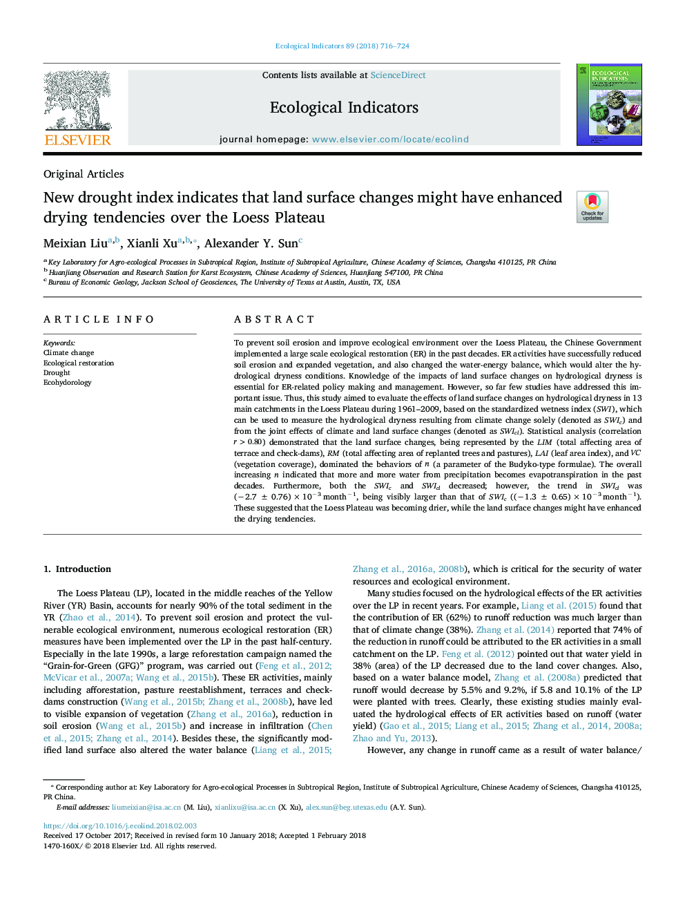 New drought index indicates that land surface changes might have enhanced drying tendencies over the Loess Plateau