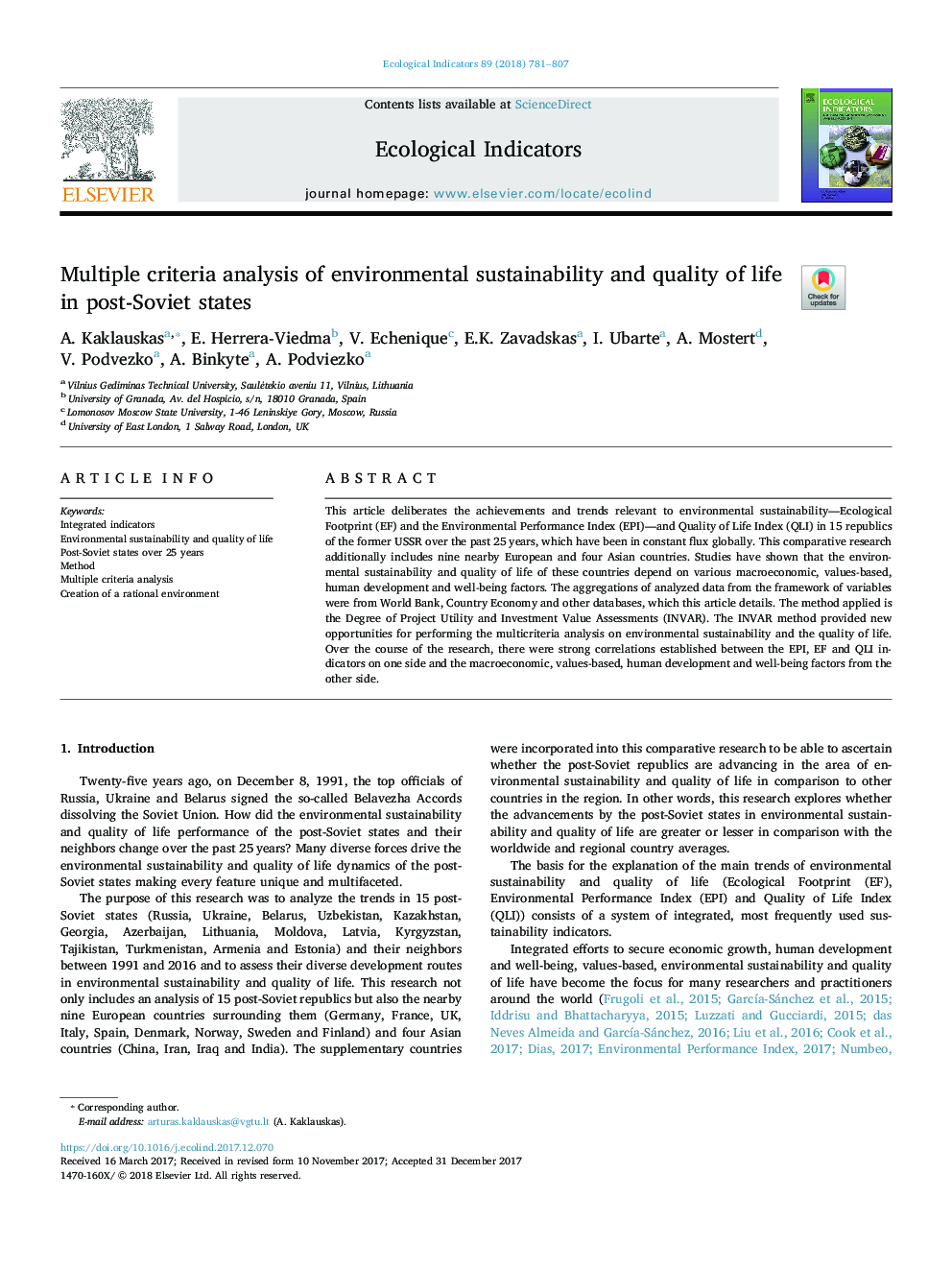 Multiple criteria analysis of environmental sustainability and quality of life in post-Soviet states