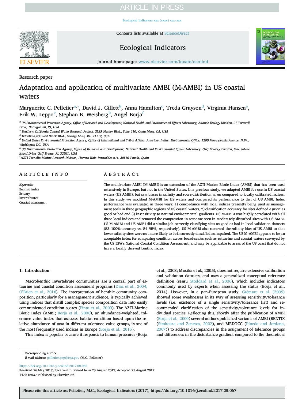 Adaptation and application of multivariate AMBI (M-AMBI) in US coastal waters