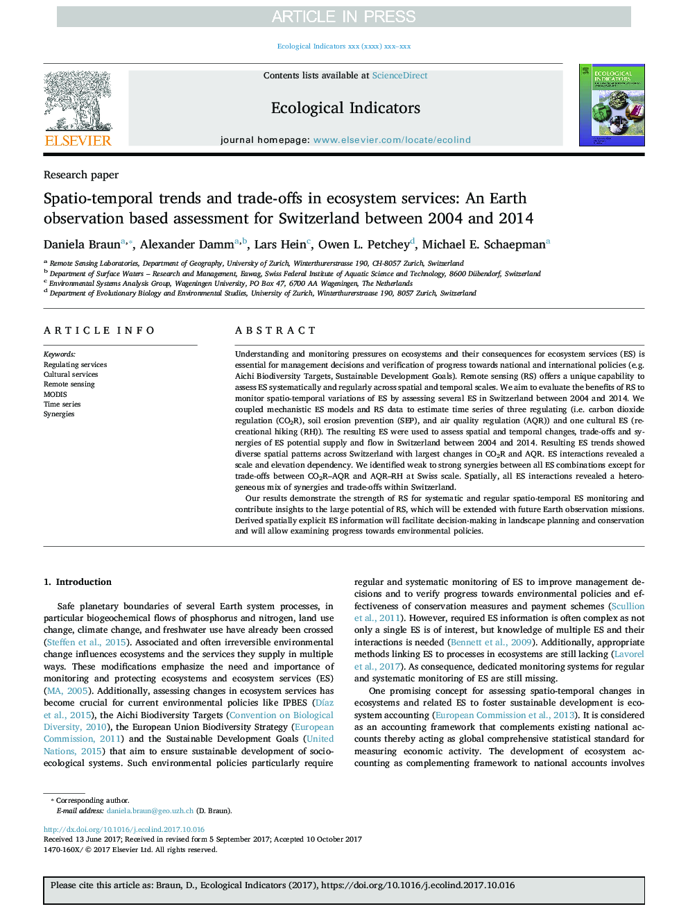 Spatio-temporal trends and trade-offs in ecosystem services: An Earth observation based assessment for Switzerland between 2004 and 2014