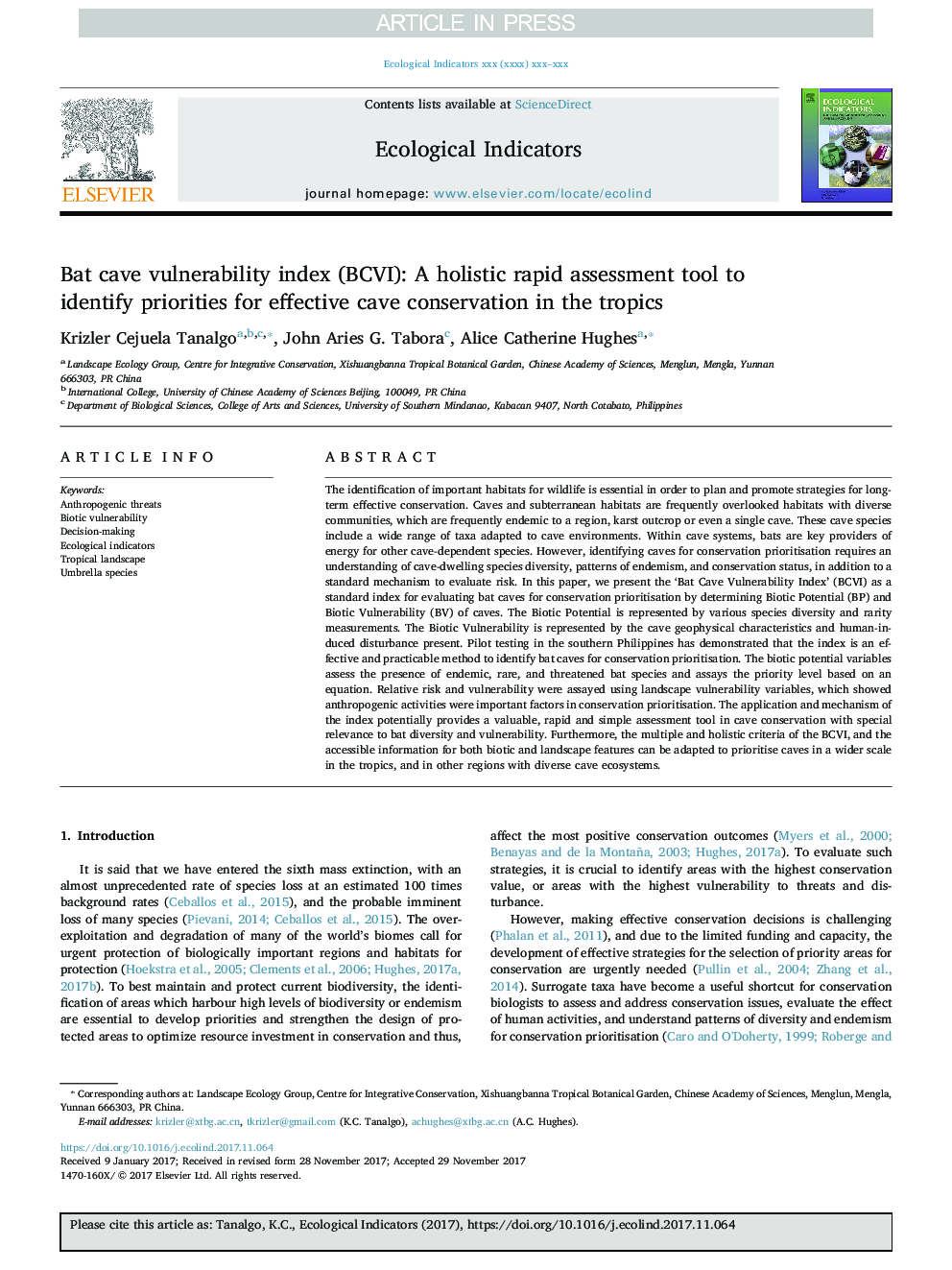 Bat cave vulnerability index (BCVI): A holistic rapid assessment tool to identify priorities for effective cave conservation in the tropics