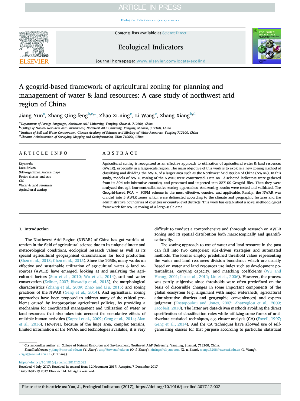 A geogrid-based framework of agricultural zoning for planning and management of water & land resources: A case study of northwest arid region of China