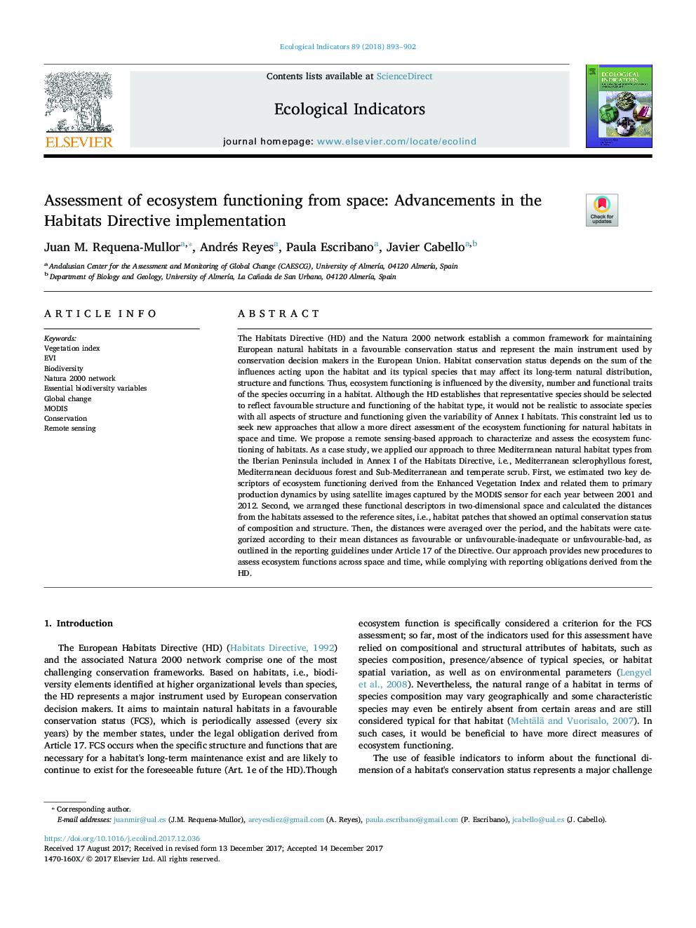 Assessment of ecosystem functioning from space: Advancements in the Habitats Directive implementation