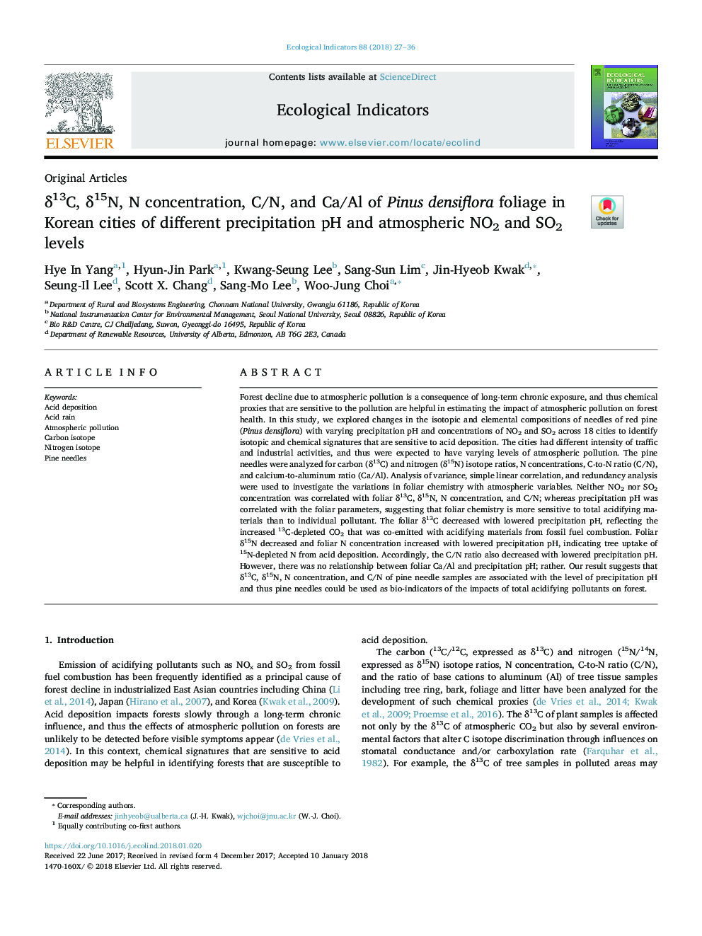 Î´13C, Î´15N, N concentration, C/N, and Ca/Al of Pinus densiflora foliage in Korean cities of different precipitation pH and atmospheric NO2 and SO2 levels