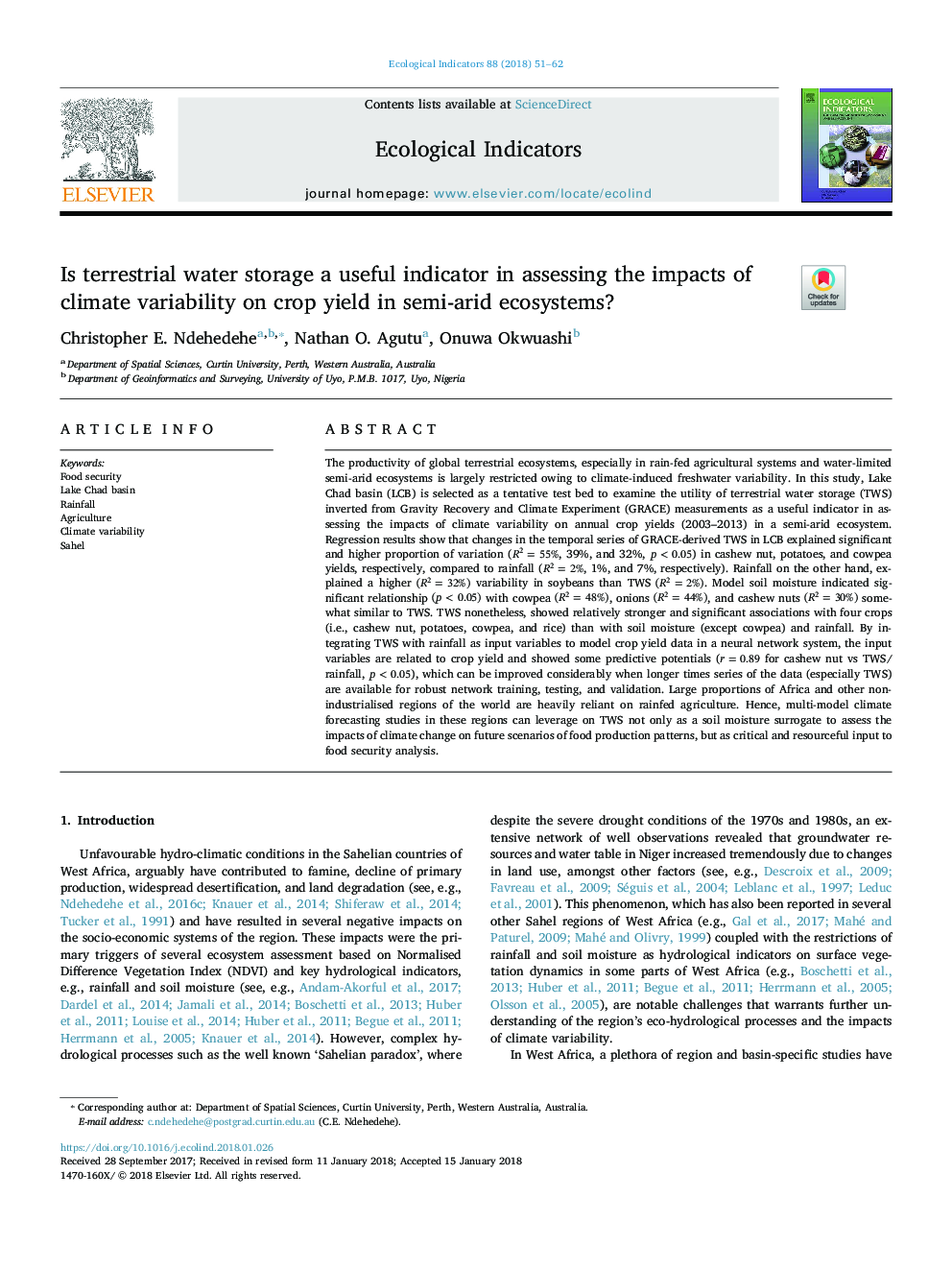 Is terrestrial water storage a useful indicator in assessing the impacts of climate variability on crop yield in semi-arid ecosystems?