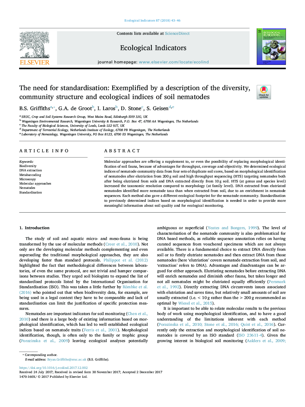 The need for standardisation: Exemplified by a description of the diversity, community structure and ecological indices of soil nematodes