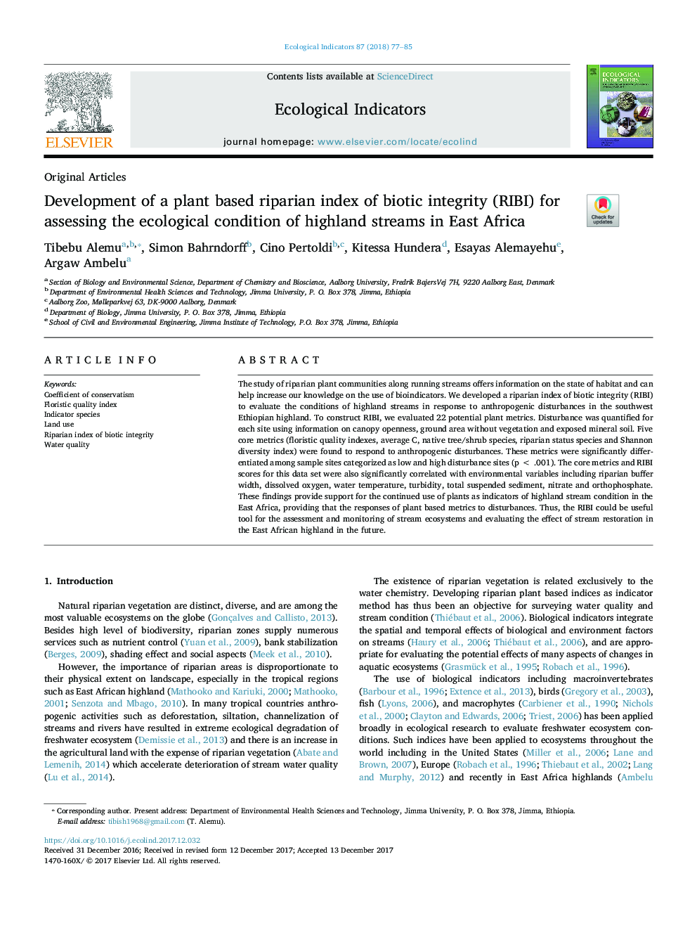 Development of a plant based riparian index of biotic integrity (RIBI) for assessing the ecological condition of highland streams in East Africa