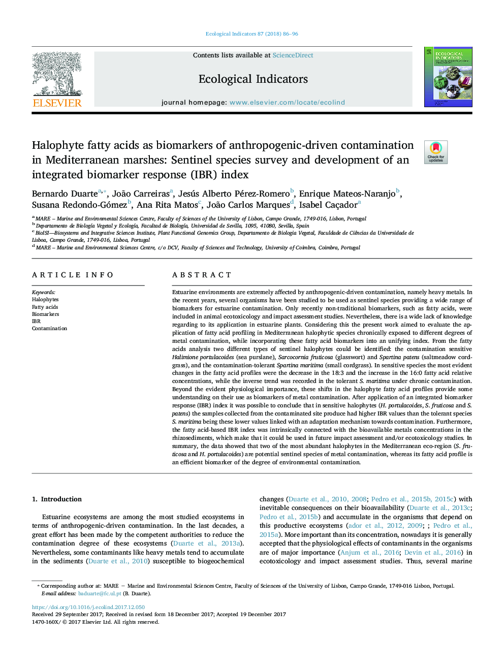 Halophyte fatty acids as biomarkers of anthropogenic-driven contamination in Mediterranean marshes: Sentinel species survey and development of an integrated biomarker response (IBR) index