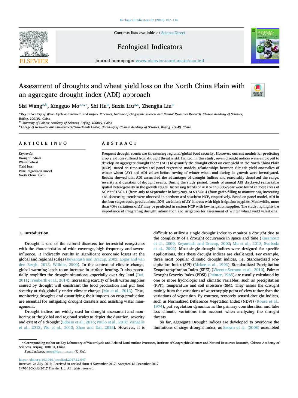 Assessment of droughts and wheat yield loss on the North China Plain with an aggregate drought index (ADI) approach