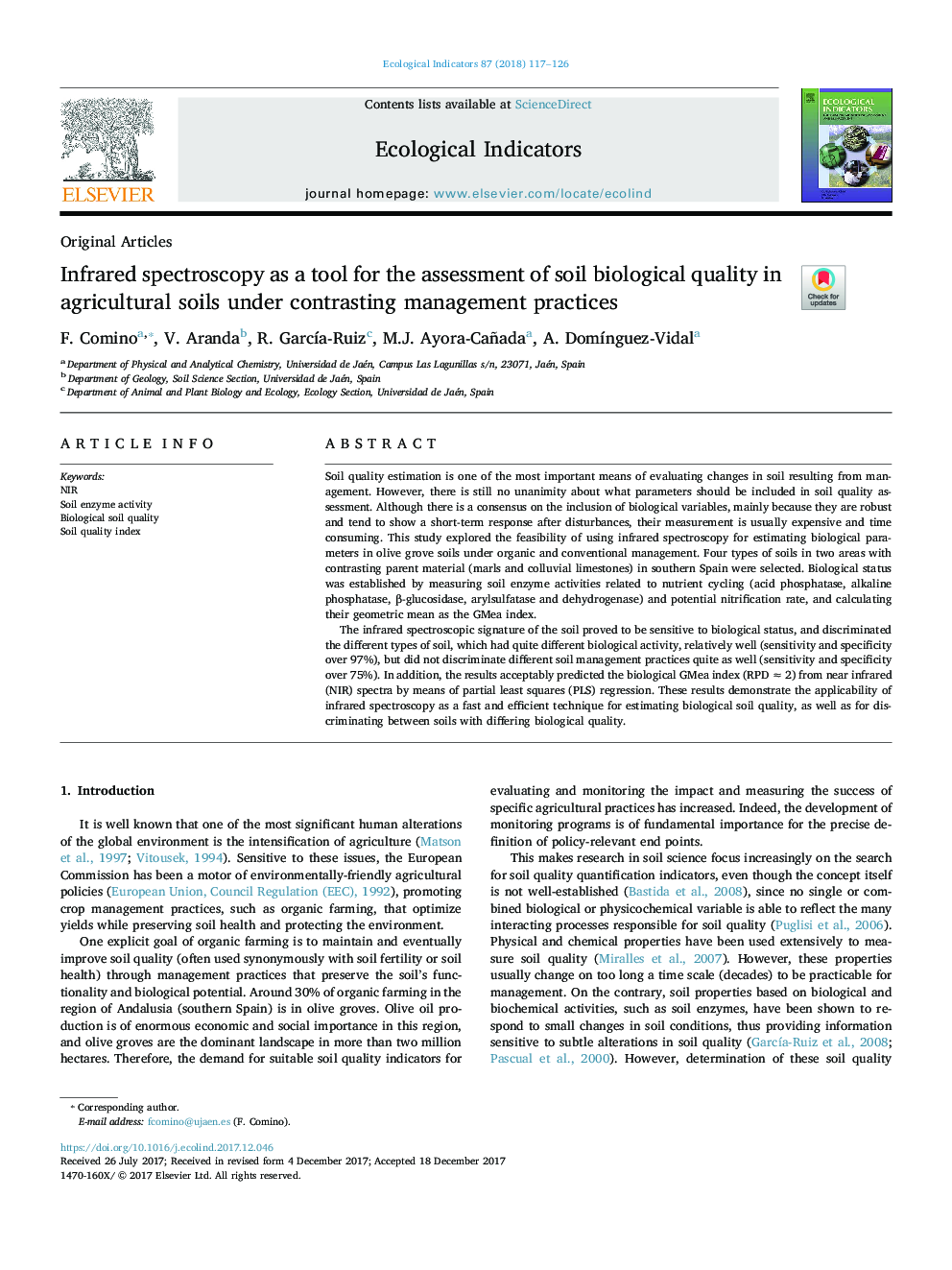Infrared spectroscopy as a tool for the assessment of soil biological quality in agricultural soils under contrasting management practices