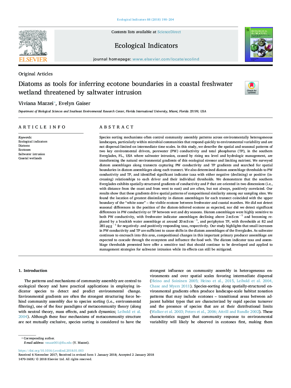 Diatoms as tools for inferring ecotone boundaries in a coastal freshwater wetland threatened by saltwater intrusion