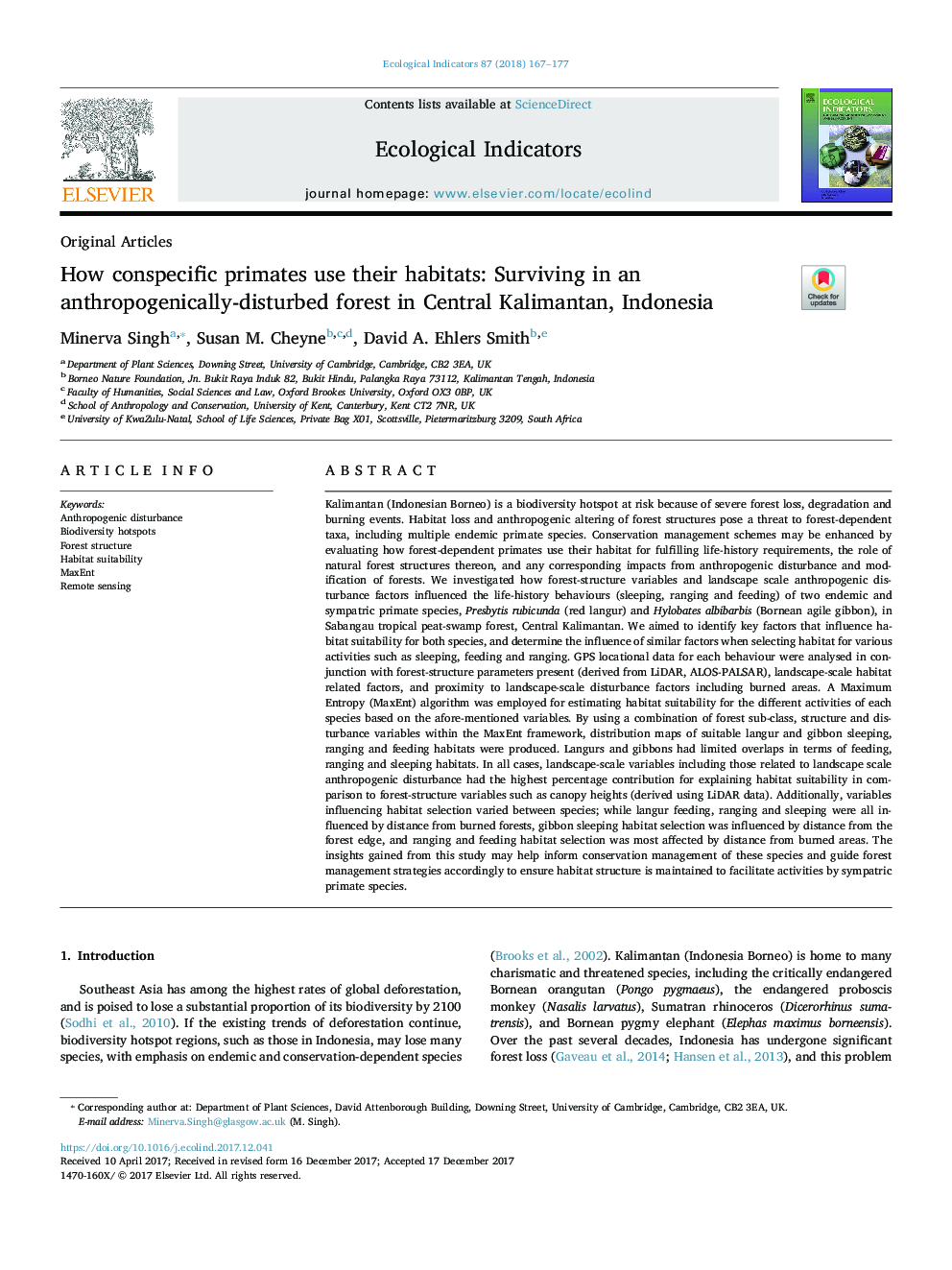 How conspecific primates use their habitats: Surviving in an anthropogenically-disturbed forest in Central Kalimantan, Indonesia