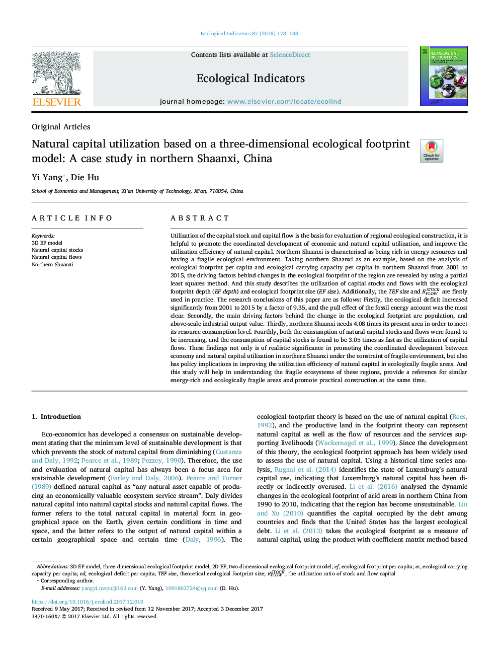 Natural capital utilization based on a three-dimensional ecological footprint model: A case study in northern Shaanxi, China