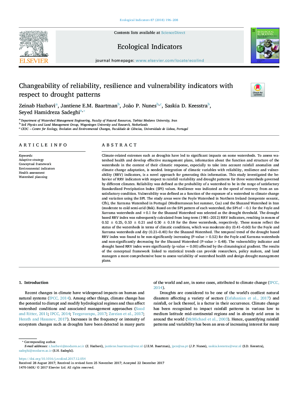 Changeability of reliability, resilience and vulnerability indicators with respect to drought patterns