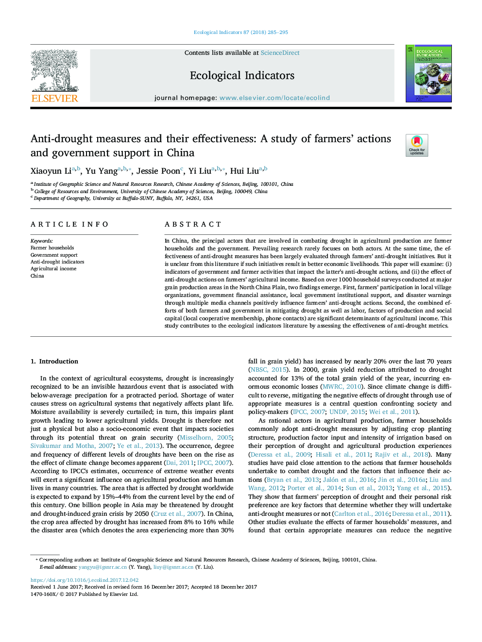 Anti-drought measures and their effectiveness: A study of farmers' actions and government support in China