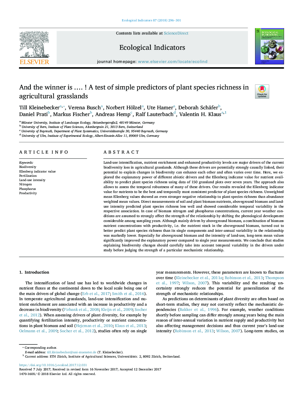 And the winner is â¦. ! A test of simple predictors of plant species richness in agricultural grasslands
