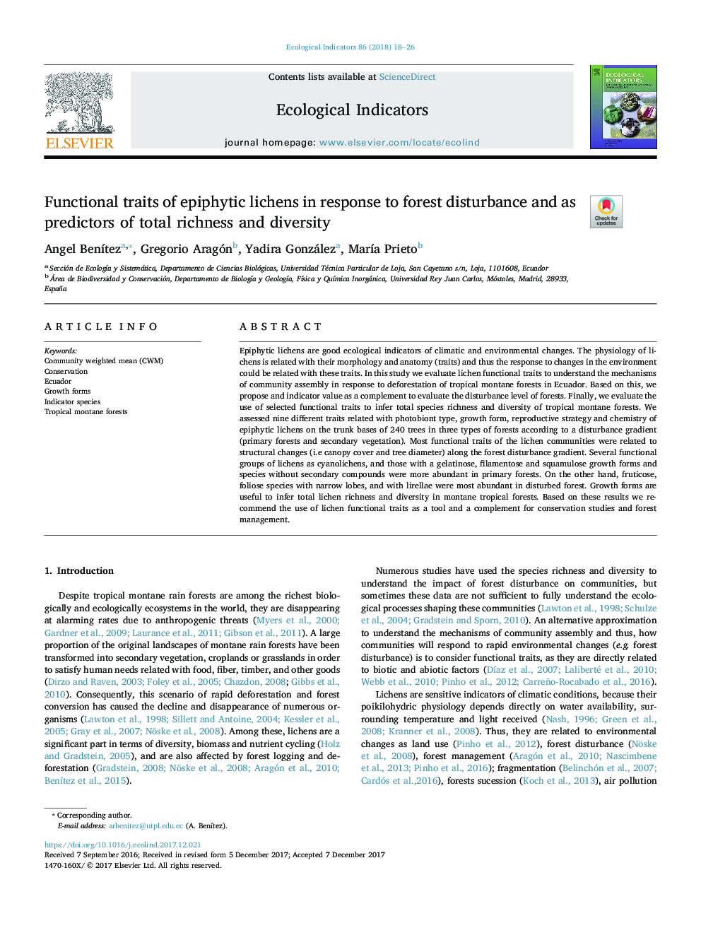 Functional traits of epiphytic lichens in response to forest disturbance and as predictors of total richness and diversity