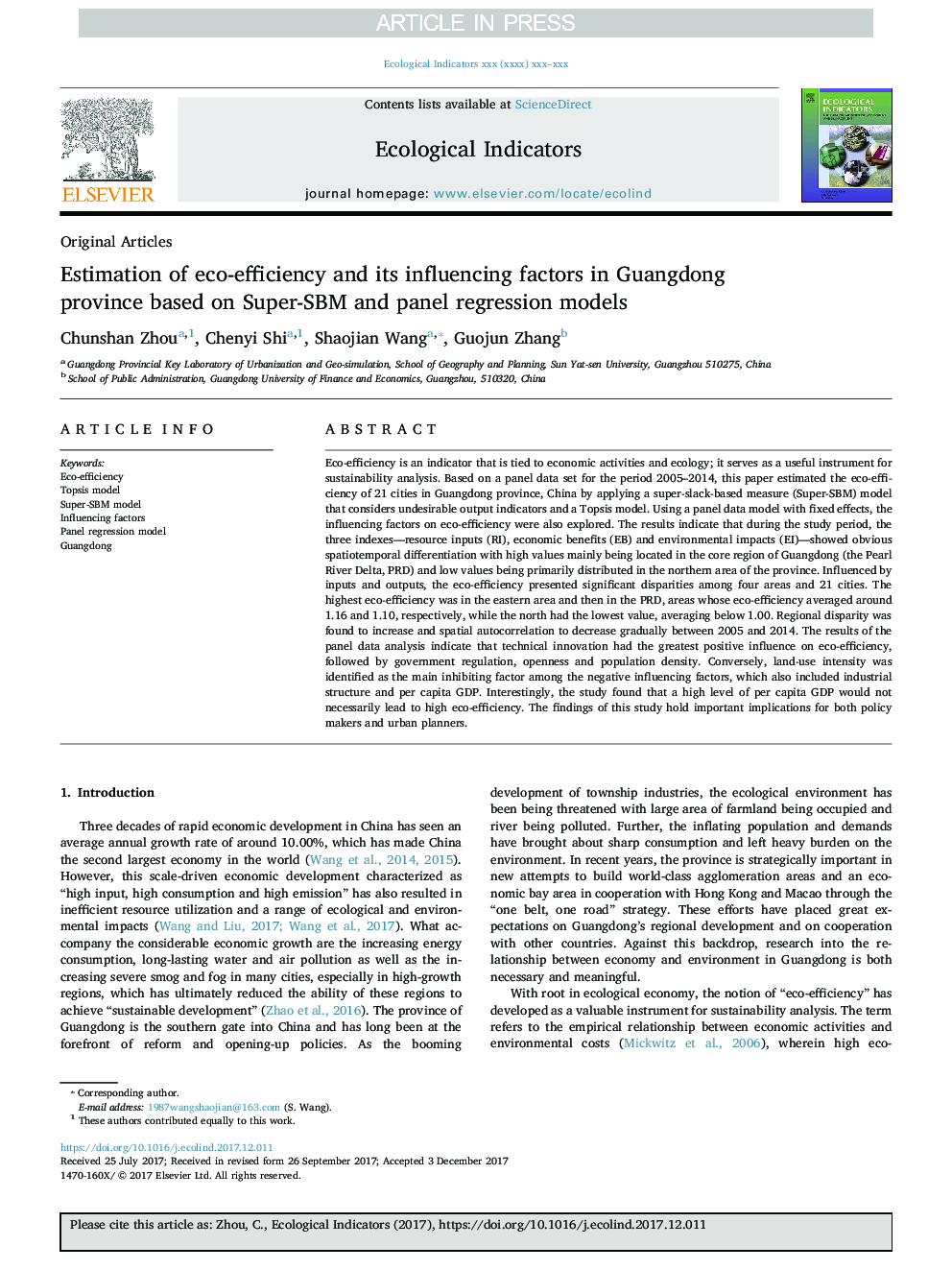 Estimation of eco-efficiency and its influencing factors in Guangdong province based on Super-SBM and panel regression models