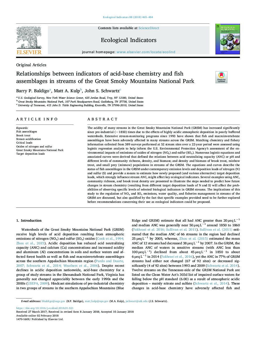 Relationships between indicators of acid-base chemistry and fish assemblages in streams of the Great Smoky Mountains National Park