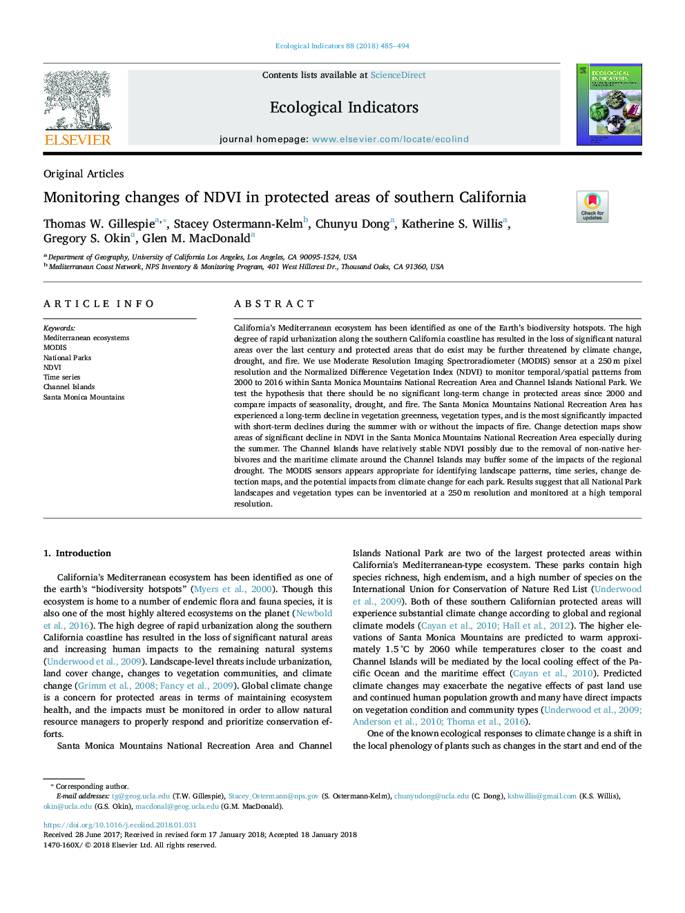 Monitoring changes of NDVI in protected areas of southern California